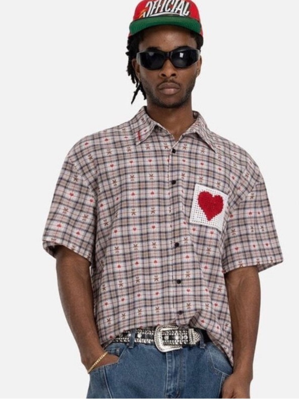 Aelfric Eden Crochet Heart Pocket Plaid Shirt - Size Large